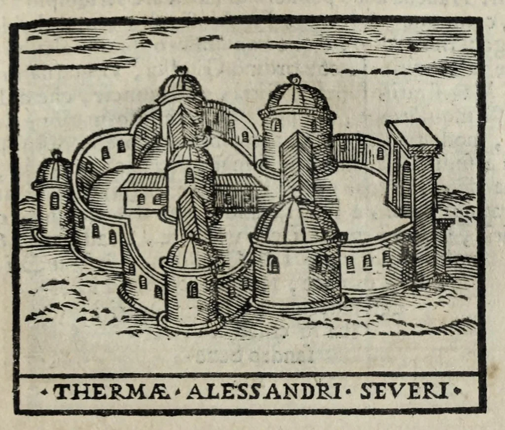 An illustration from Roma antica e moderna : nella quale si contengono chiese, monasterij, hospedali, compagnie, collegij e seminarij : tempij, teatri, anfiteatri, naumachie, cerchi, fori, curie, palazzi e statue : librarie, musei, pitture, scolture, & i nomi de gli artifici : indice de' sommi pontefici, imperatori, rè, e duchi : con vna copiosissima tauola, e aggiunta di tutte le cose notabili fatte sino al presente, 1677, leaf 585