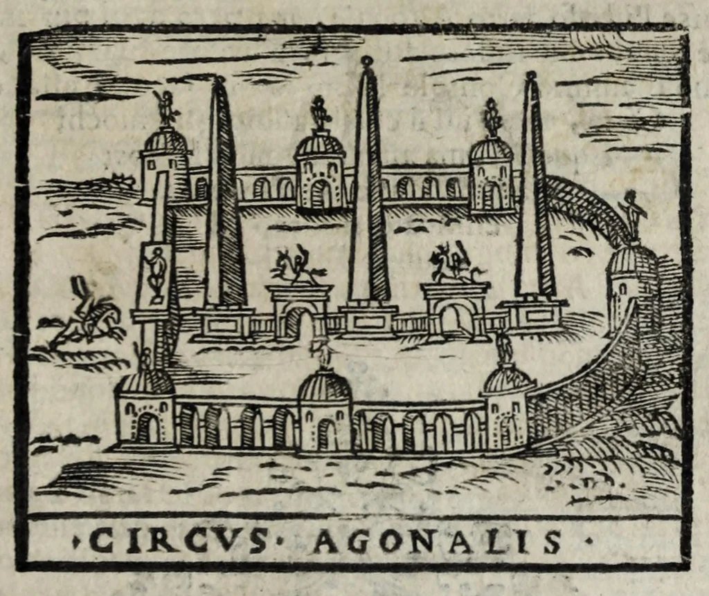 An illustration from Roma antica e moderna : nella quale si contengono chiese, monasterij, hospedali, compagnie, collegij e seminarij : tempij, teatri, anfiteatri, naumachie, cerchi, fori, curie, palazzi e statue : librarie, musei, pitture, scolture, & i nomi de gli artifici : indice de' sommi pontefici, imperatori, rè, e duchi : con vna copiosissima tauola, e aggiunta di tutte le cose notabili fatte sino al presente, 1677, leaf 603