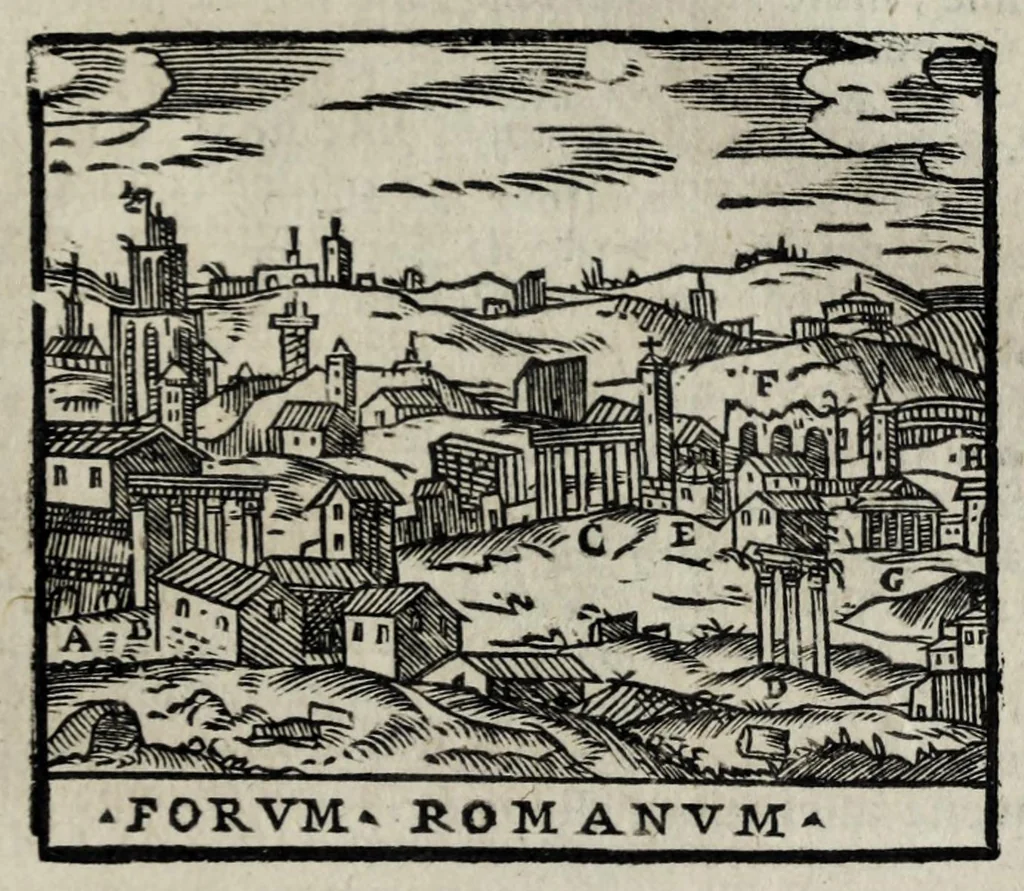 An illustration from Roma antica e moderna : nella quale si contengono chiese, monasterij, hospedali, compagnie, collegij e seminarij : tempij, teatri, anfiteatri, naumachie, cerchi, fori, curie, palazzi e statue : librarie, musei, pitture, scolture, & i nomi de gli artifici : indice de' sommi pontefici, imperatori, rè, e duchi : con vna copiosissima tauola, e aggiunta di tutte le cose notabili fatte sino al presente, 1677, leaf 619