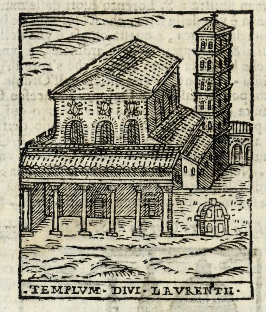 An illustration from Roma antica e moderna : nella quale si contengono chiese, monasterij, hospedali, compagnie, collegij e seminarij : tempij, teatri, anfiteatri, naumachie, cerchi, fori, curie, palazzi e statue : librarie, musei, pitture, scolture, & i nomi de gli artifici : indice de' sommi pontefici, imperatori, rè, e duchi : con vna copiosissima tauola, e aggiunta di tutte le cose notabili fatte sino al presente, 1677, leaf 62