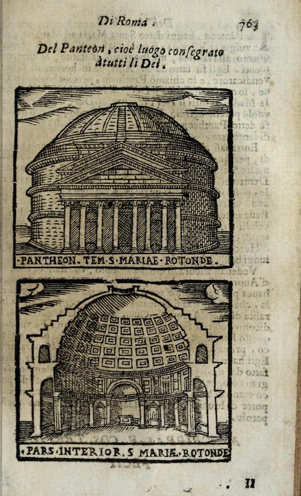 An illustration from Roma antica e moderna : nella quale si contengono chiese, monasterij, hospedali, compagnie, collegij e seminarij : tempij, teatri, anfiteatri, naumachie, cerchi, fori, curie, palazzi e statue : librarie, musei, pitture, scolture, & i nomi de gli artifici : indice de' sommi pontefici, imperatori, rè, e duchi : con vna copiosissima tauola, e aggiunta di tutte le cose notabili fatte sino al presente, 1677, leaf 803