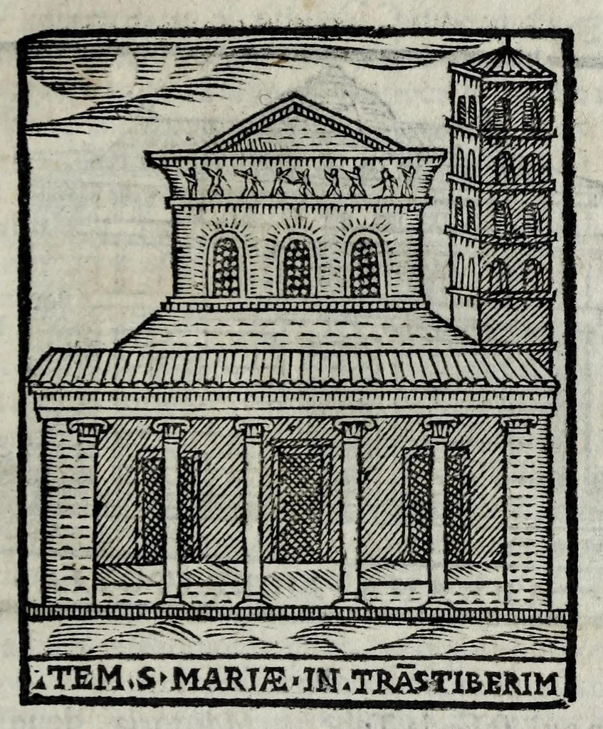 An illustration from Roma antica e moderna : nella quale si contengono chiese, monasterij, hospedali, compagnie, collegij e seminarij : tempij, teatri, anfiteatri, naumachie, cerchi, fori, curie, palazzi e statue : librarie, musei, pitture, scolture, & i nomi de gli artifici : indice de' sommi pontefici, imperatori, rè, e duchi : con vna copiosissima tauola, e aggiunta di tutte le cose notabili fatte sino al presente, 1677, leaf 89