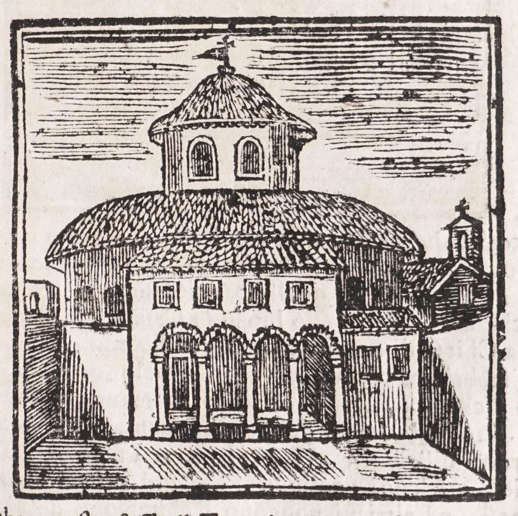 An illustration from Roma antica e moderna : nella quale si contengono chiese, monasterij, hospedali, compagnie, collegij e seminarij : tempij, teatri, anfiteatri, naumachie, cerchi, fori, curie, palazzi e statue : librarie, musei, pitture, scolture, & i nomi de gli artifici : indice de' sommi pontefici, imperatori, rè, e duchi : con vna copiosissima tauola, e aggiunta di tutte le cose notabili fatte sino al presente, 1677, leaf 103