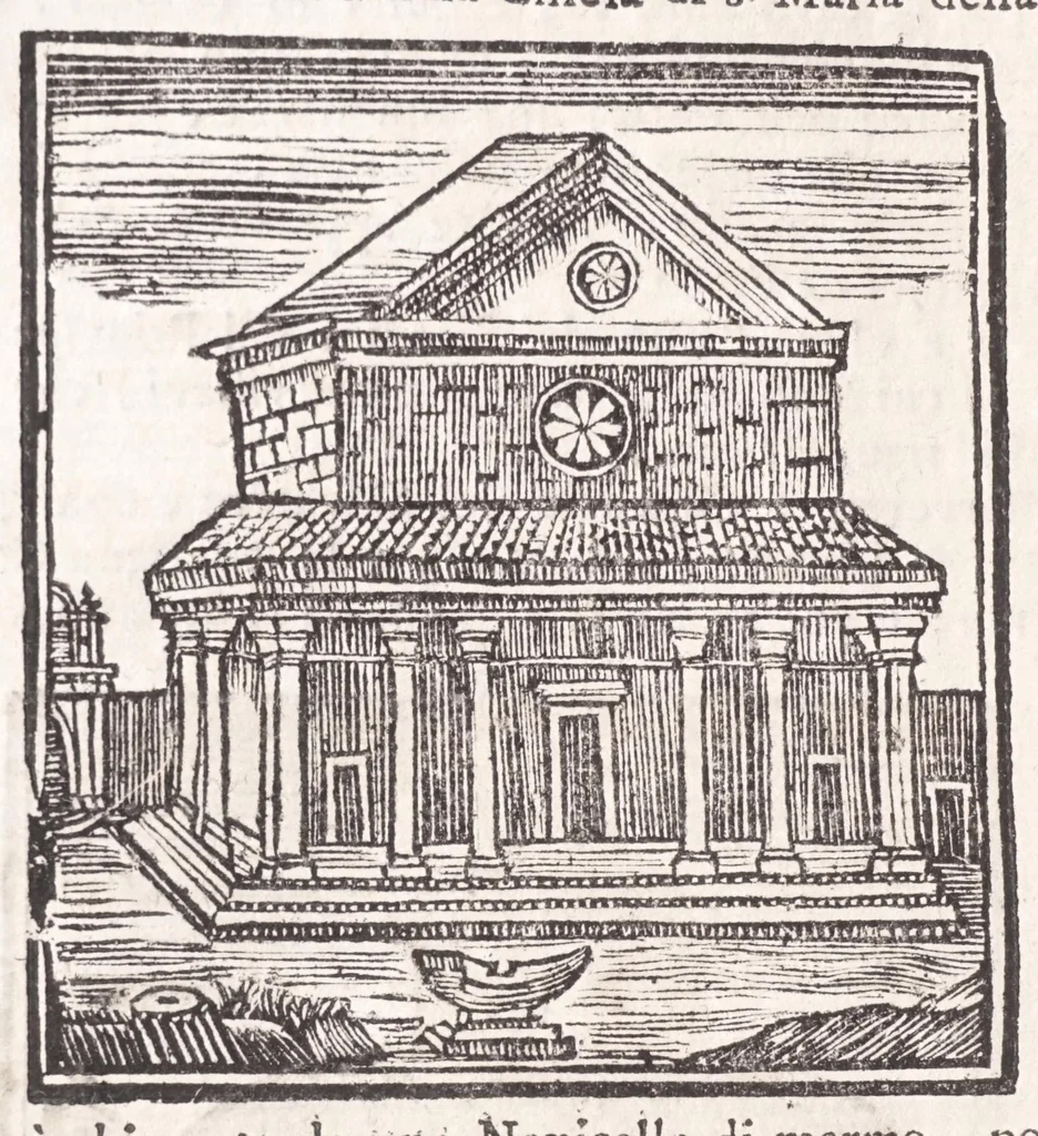 An illustration from Roma antica e moderna : nella quale si contengono chiese, monasterij, hospedali, compagnie, collegij e seminarij : tempij, teatri, anfiteatri, naumachie, cerchi, fori, curie, palazzi e statue : librarie, musei, pitture, scolture, & i nomi de gli artifici : indice de' sommi pontefici, imperatori, rè, e duchi : con vna copiosissima tauola, e aggiunta di tutte le cose notabili fatte sino al presente, 1677, leaf 104