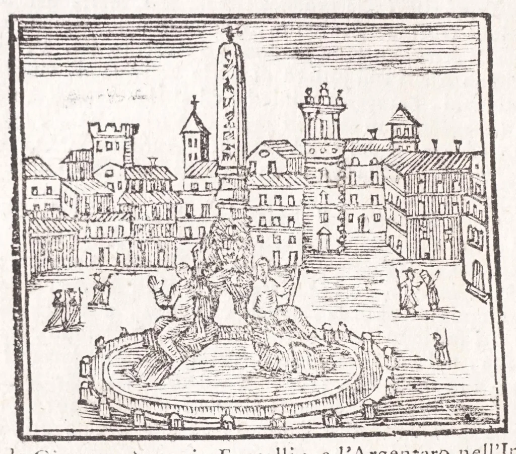 An illustration from Roma antica e moderna : nella quale si contengono chiese, monasterij, hospedali, compagnie, collegij e seminarij : tempij, teatri, anfiteatri, naumachie, cerchi, fori, curie, palazzi e statue : librarie, musei, pitture, scolture, & i nomi de gli artifici : indice de' sommi pontefici, imperatori, rè, e duchi : con vna copiosissima tauola, e aggiunta di tutte le cose notabili fatte sino al presente, 1677, leaf 112
