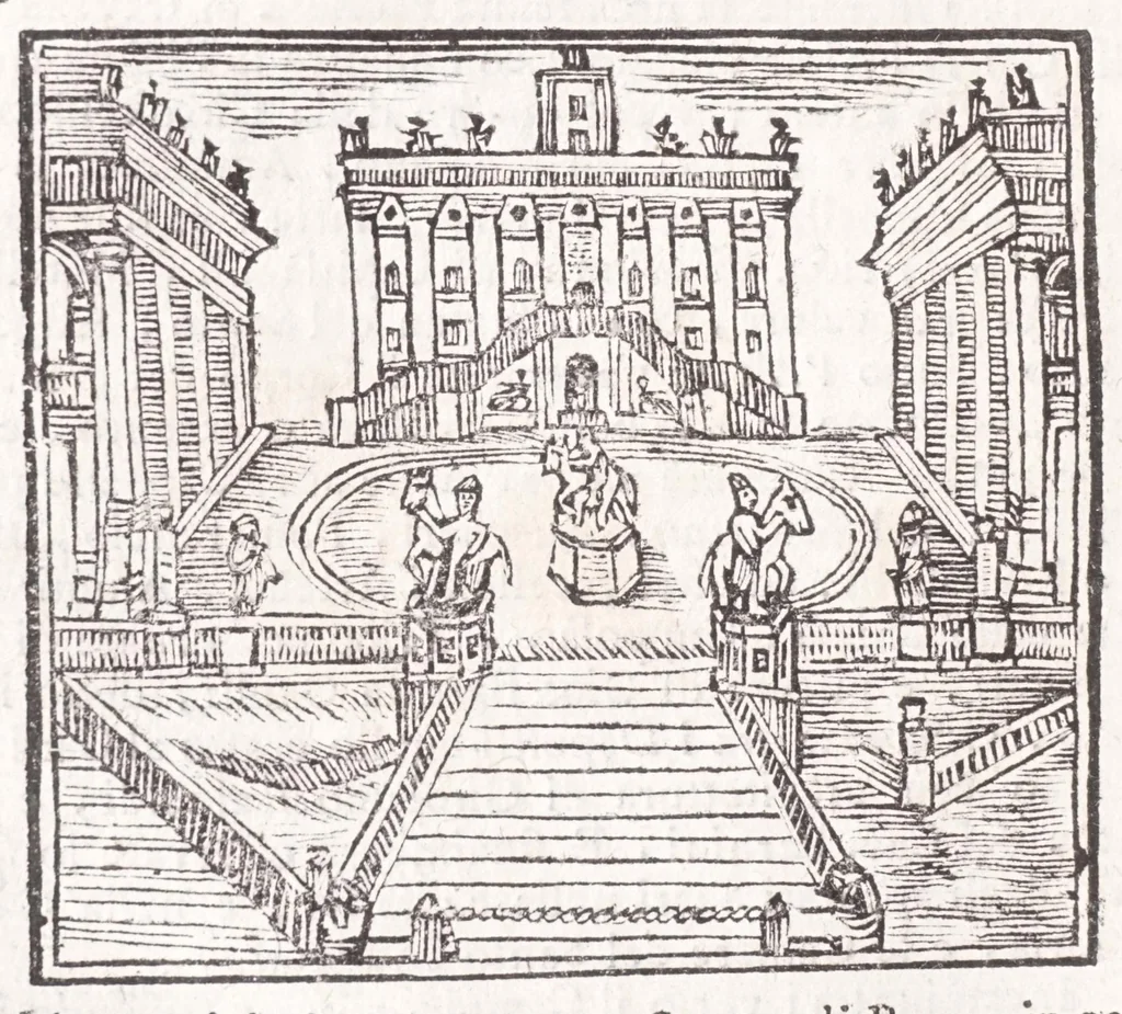 An illustration from Roma antica e moderna : nella quale si contengono chiese, monasterij, hospedali, compagnie, collegij e seminarij : tempij, teatri, anfiteatri, naumachie, cerchi, fori, curie, palazzi e statue : librarie, musei, pitture, scolture, & i nomi de gli artifici : indice de' sommi pontefici, imperatori, rè, e duchi : con vna copiosissima tauola, e aggiunta di tutte le cose notabili fatte sino al presente, 1677, leaf 116