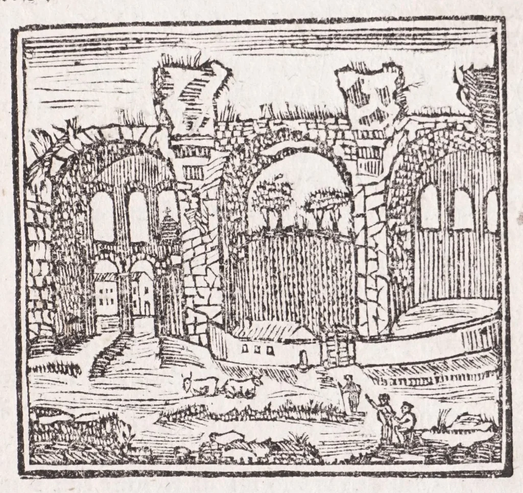An illustration from Roma antica e moderna : nella quale si contengono chiese, monasterij, hospedali, compagnie, collegij e seminarij : tempij, teatri, anfiteatri, naumachie, cerchi, fori, curie, palazzi e statue : librarie, musei, pitture, scolture, & i nomi de gli artifici : indice de' sommi pontefici, imperatori, rè, e duchi : con vna copiosissima tauola, e aggiunta di tutte le cose notabili fatte sino al presente, 1677, leaf 123
