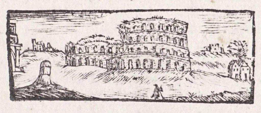 An illustration from Roma antica e moderna : nella quale si contengono chiese, monasterij, hospedali, compagnie, collegij e seminarij : tempij, teatri, anfiteatri, naumachie, cerchi, fori, curie, palazzi e statue : librarie, musei, pitture, scolture, & i nomi de gli artifici : indice de' sommi pontefici, imperatori, rè, e duchi : con vna copiosissima tauola, e aggiunta di tutte le cose notabili fatte sino al presente, 1677, leaf 125