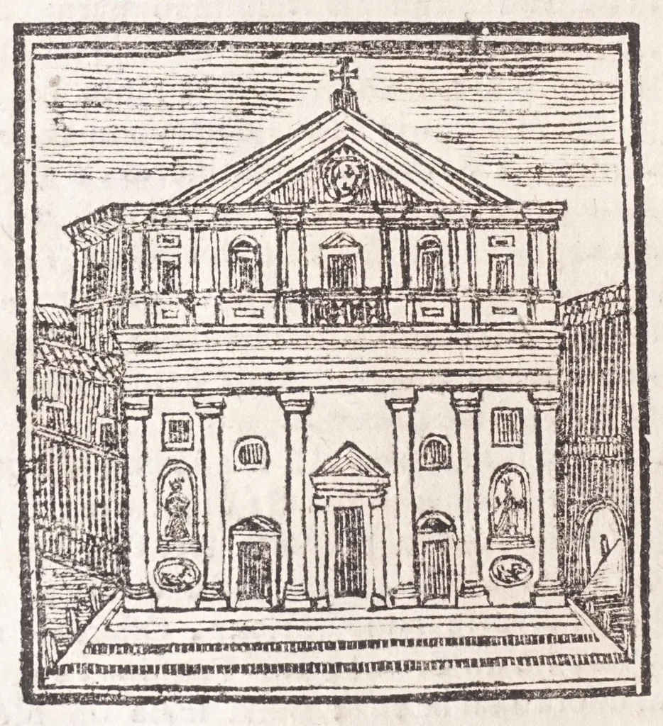 An illustration from Roma antica e moderna : nella quale si contengono chiese, monasterij, hospedali, compagnie, collegij e seminarij : tempij, teatri, anfiteatri, naumachie, cerchi, fori, curie, palazzi e statue : librarie, musei, pitture, scolture, & i nomi de gli artifici : indice de' sommi pontefici, imperatori, rè, e duchi : con vna copiosissima tauola, e aggiunta di tutte le cose notabili fatte sino al presente, 1677, leaf 136