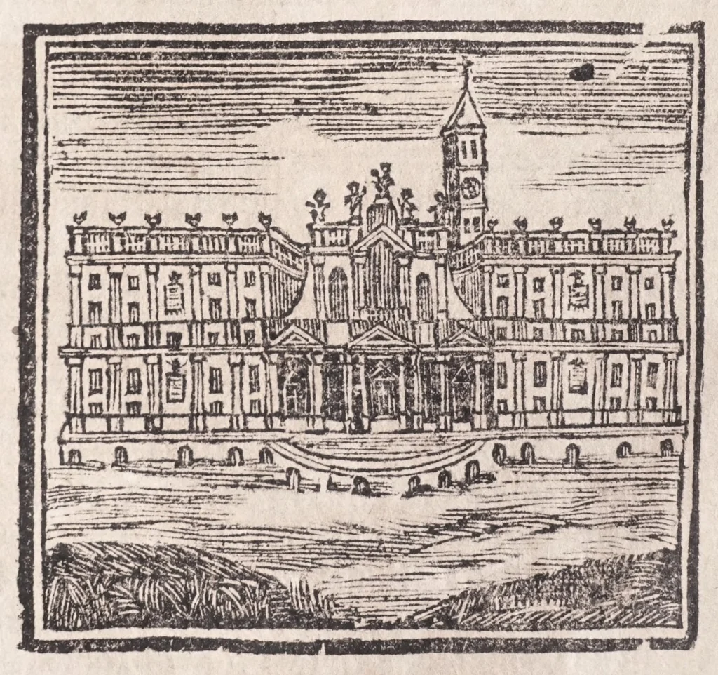 An illustration from Roma antica e moderna : nella quale si contengono chiese, monasterij, hospedali, compagnie, collegij e seminarij : tempij, teatri, anfiteatri, naumachie, cerchi, fori, curie, palazzi e statue : librarie, musei, pitture, scolture, & i nomi de gli artifici : indice de' sommi pontefici, imperatori, rè, e duchi : con vna copiosissima tauola, e aggiunta di tutte le cose notabili fatte sino al presente, 1677, leaf 156