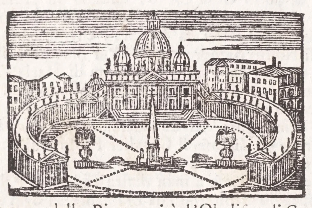 An illustration from Roma antica e moderna : nella quale si contengono chiese, monasterij, hospedali, compagnie, collegij e seminarij : tempij, teatri, anfiteatri, naumachie, cerchi, fori, curie, palazzi e statue : librarie, musei, pitture, scolture, & i nomi de gli artifici : indice de' sommi pontefici, imperatori, rè, e duchi : con vna copiosissima tauola, e aggiunta di tutte le cose notabili fatte sino al presente, 1677, leaf 16
