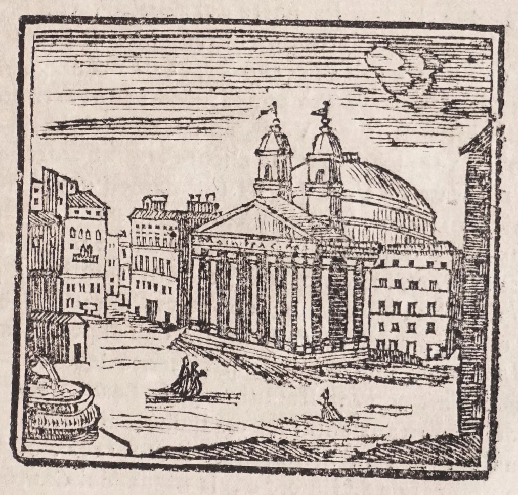 An illustration from Roma antica e moderna : nella quale si contengono chiese, monasterij, hospedali, compagnie, collegij e seminarij : tempij, teatri, anfiteatri, naumachie, cerchi, fori, curie, palazzi e statue : librarie, musei, pitture, scolture, & i nomi de gli artifici : indice de' sommi pontefici, imperatori, rè, e duchi : con vna copiosissima tauola, e aggiunta di tutte le cose notabili fatte sino al presente, 1677, leaf 169