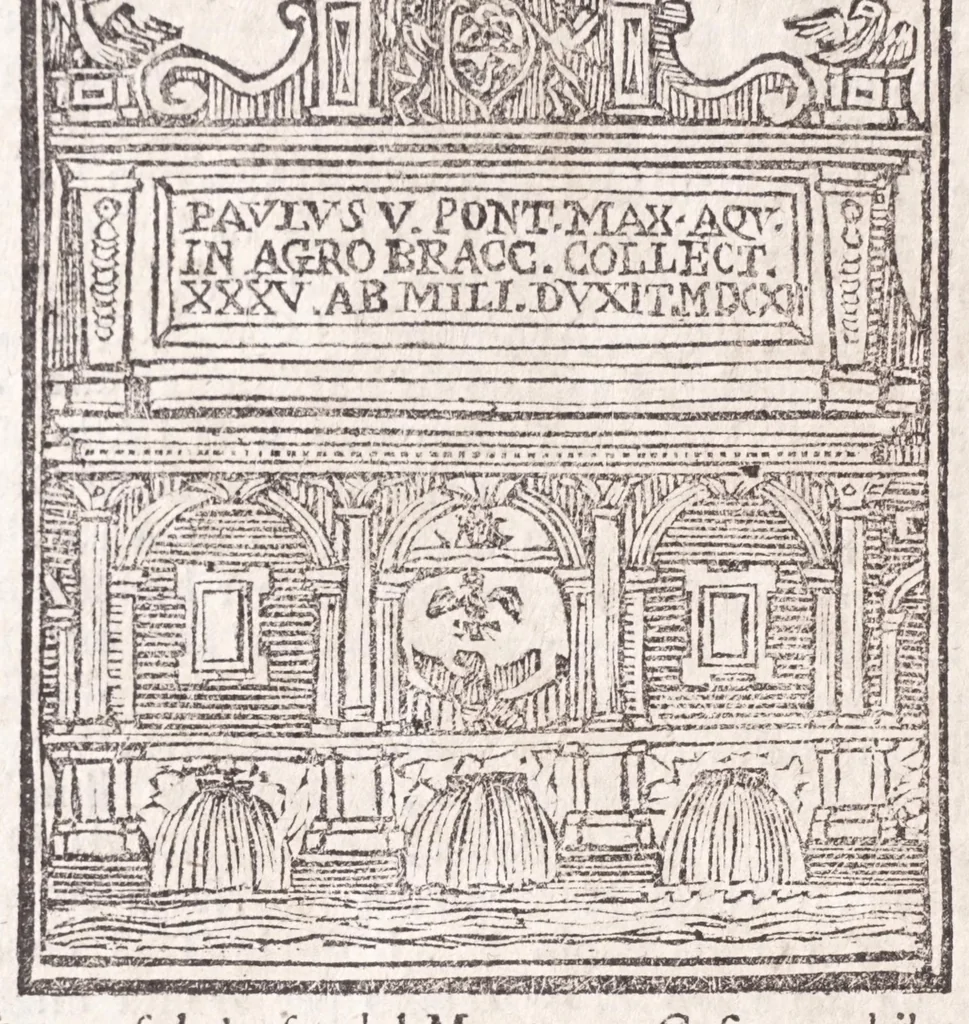 An illustration from Roma antica e moderna : nella quale si contengono chiese, monasterij, hospedali, compagnie, collegij e seminarij : tempij, teatri, anfiteatri, naumachie, cerchi, fori, curie, palazzi e statue : librarie, musei, pitture, scolture, & i nomi de gli artifici : indice de' sommi pontefici, imperatori, rè, e duchi : con vna copiosissima tauola, e aggiunta di tutte le cose notabili fatte sino al presente, 1677, leaf 42