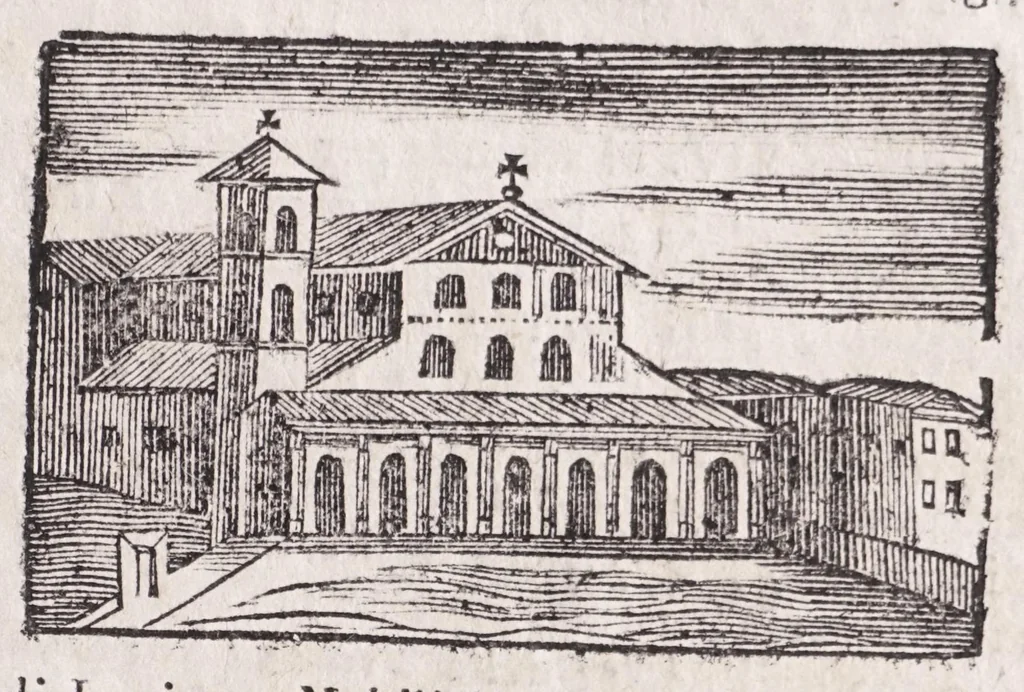An illustration from Roma antica e moderna : nella quale si contengono chiese, monasterij, hospedali, compagnie, collegij e seminarij : tempij, teatri, anfiteatri, naumachie, cerchi, fori, curie, palazzi e statue : librarie, musei, pitture, scolture, & i nomi de gli artifici : indice de' sommi pontefici, imperatori, rè, e duchi : con vna copiosissima tauola, e aggiunta di tutte le cose notabili fatte sino al presente, 1677, leaf 77