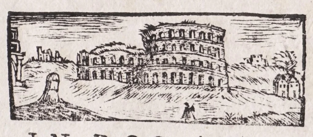 An illustration from Roma antica e moderna : nella quale si contengono chiese, monasterij, hospedali, compagnie, collegij e seminarij : tempij, teatri, anfiteatri, naumachie, cerchi, fori, curie, palazzi e statue : librarie, musei, pitture, scolture, & i nomi de gli artifici : indice de' sommi pontefici, imperatori, rè, e duchi : con vna copiosissima tauola, e aggiunta di tutte le cose notabili fatte sino al presente, 1677, leaf 9