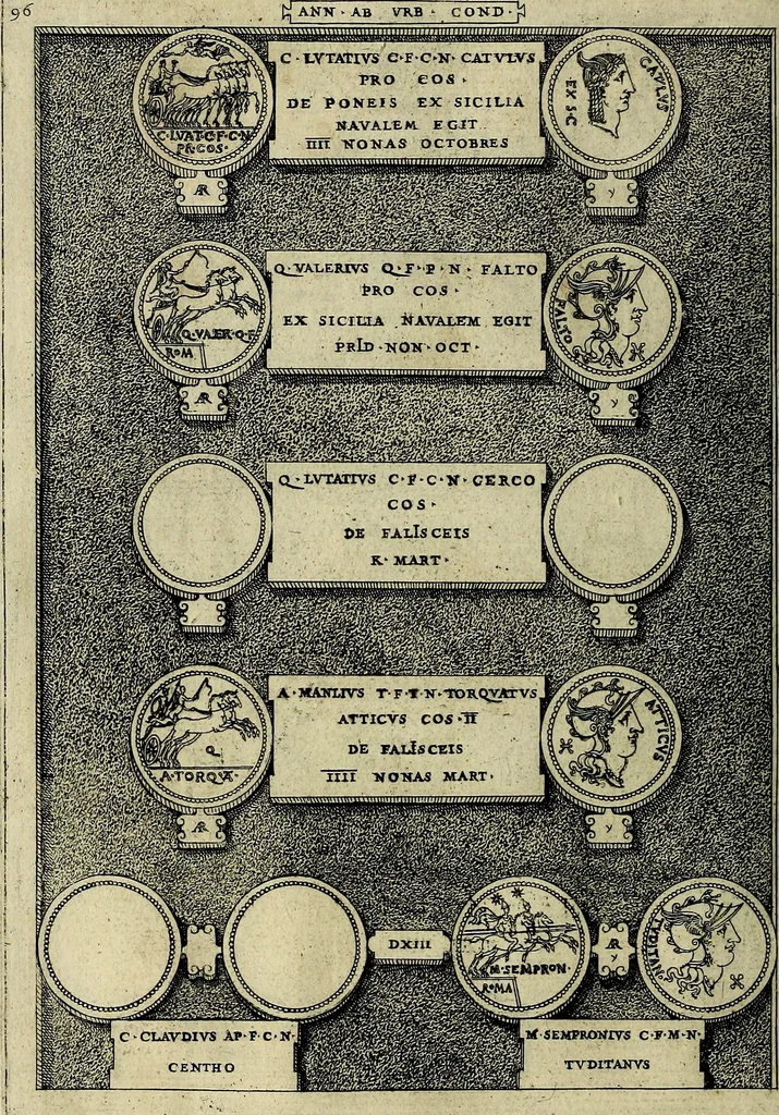 An illustration from Romanae et Graecae antiqvitatis monvmenta, e priscis nvmismatibvs, 1645, leaf 123