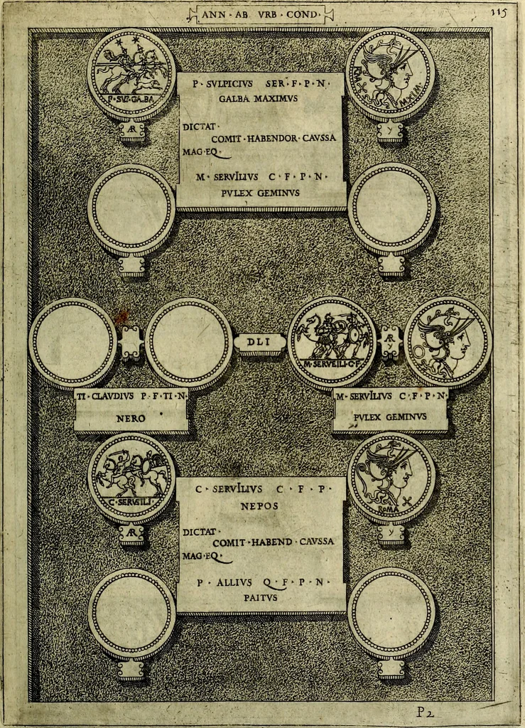 An illustration from Romanae et Graecae antiqvitatis monvmenta, e priscis nvmismatibvs, 1645, leaf 142