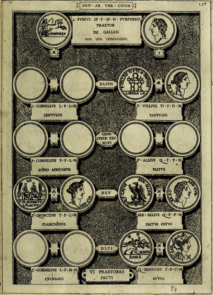 An illustration from Romanae et Graecae antiqvitatis monvmenta, e priscis nvmismatibvs, 1645, leaf 144