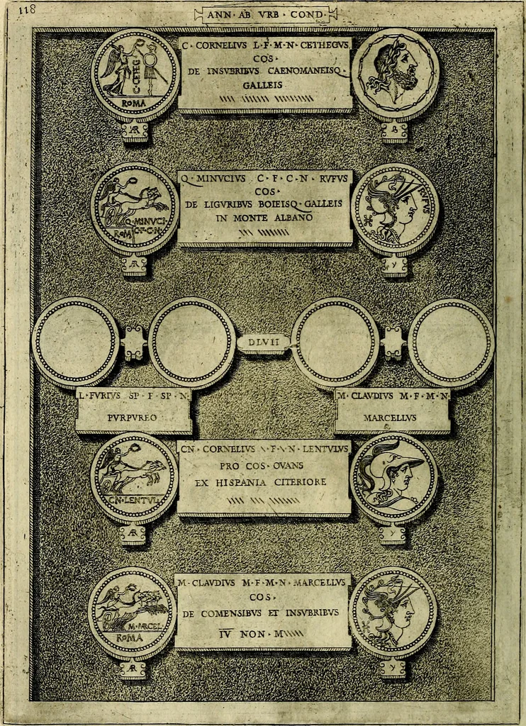 An illustration from Romanae et Graecae antiqvitatis monvmenta, e priscis nvmismatibvs, 1645, leaf 145