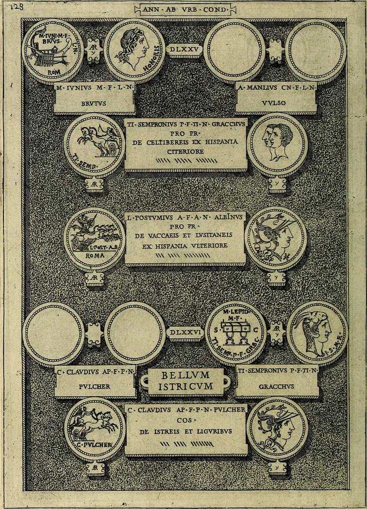 An illustration from Romanae et Graecae antiqvitatis monvmenta, e priscis nvmismatibvs, 1645, leaf 155