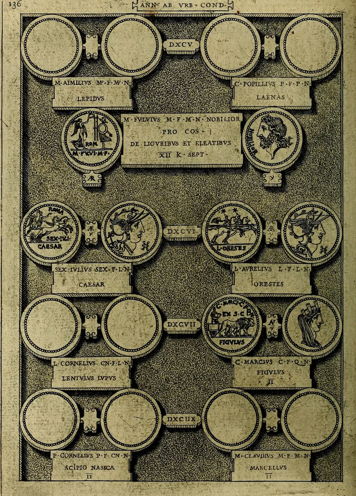 An illustration from Romanae et Graecae antiqvitatis monvmenta, e priscis nvmismatibvs, 1645, leaf 163