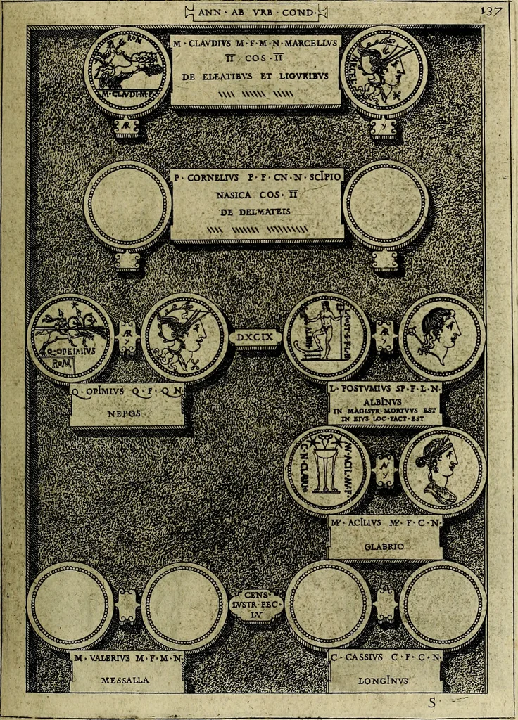 An illustration from Romanae et Graecae antiqvitatis monvmenta, e priscis nvmismatibvs, 1645, leaf 164