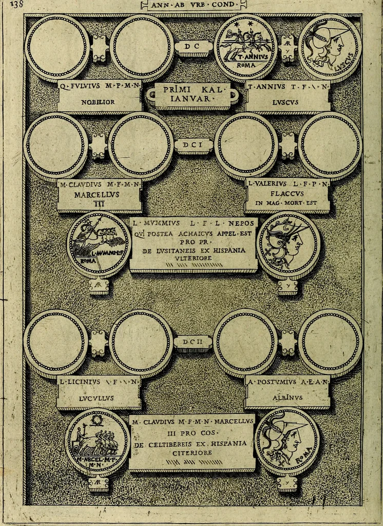 An illustration from Romanae et Graecae antiqvitatis monvmenta, e priscis nvmismatibvs, 1645, leaf 165