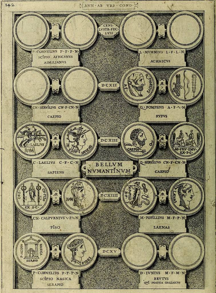 An illustration from Romanae et Graecae antiqvitatis monvmenta, e priscis nvmismatibvs, 1645, leaf 169