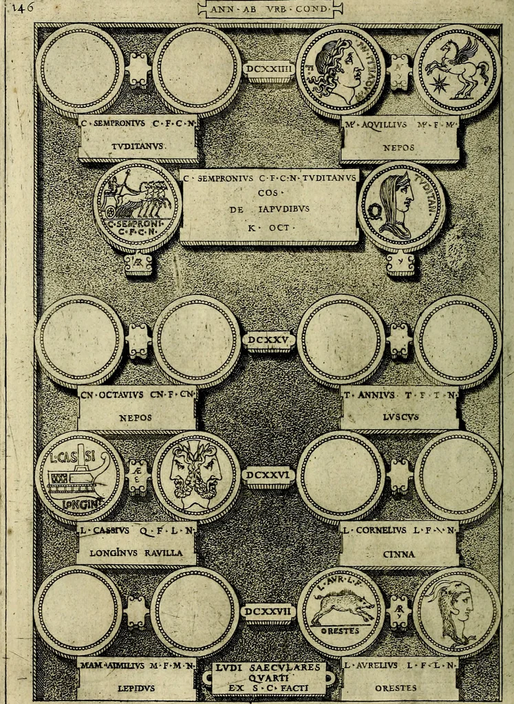 An illustration from Romanae et Graecae antiqvitatis monvmenta, e priscis nvmismatibvs, 1645, leaf 173
