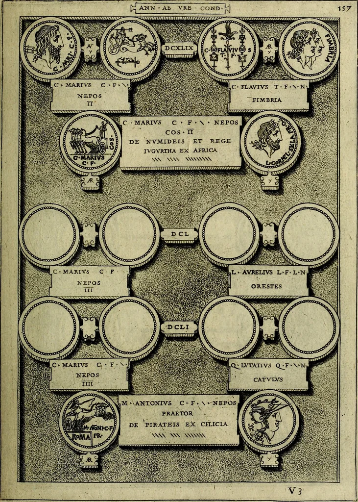 An illustration from Romanae et Graecae antiqvitatis monvmenta, e priscis nvmismatibvs, 1645, leaf 184