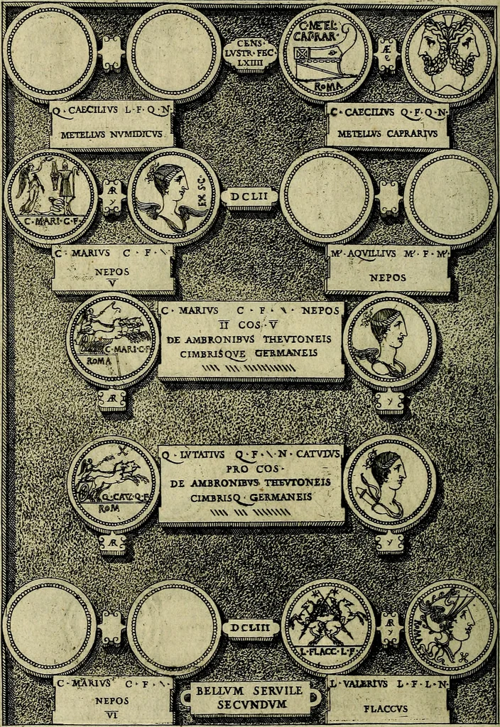 An illustration from Romanae et Graecae antiqvitatis monvmenta, e priscis nvmismatibvs, 1645, leaf 185