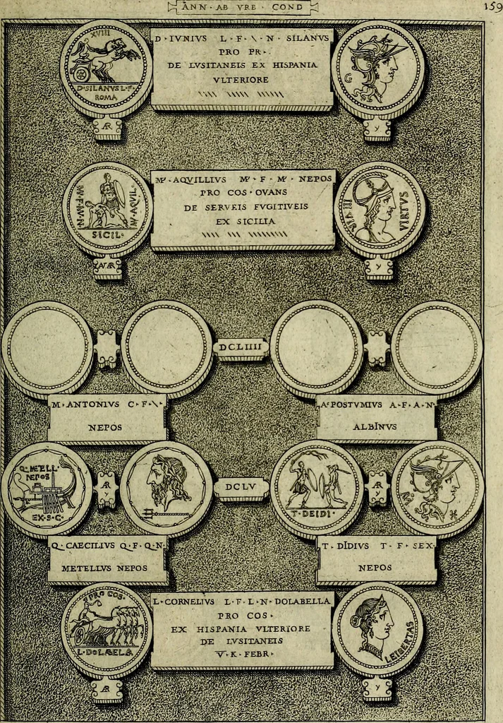 An illustration from Romanae et Graecae antiqvitatis monvmenta, e priscis nvmismatibvs, 1645, leaf 186