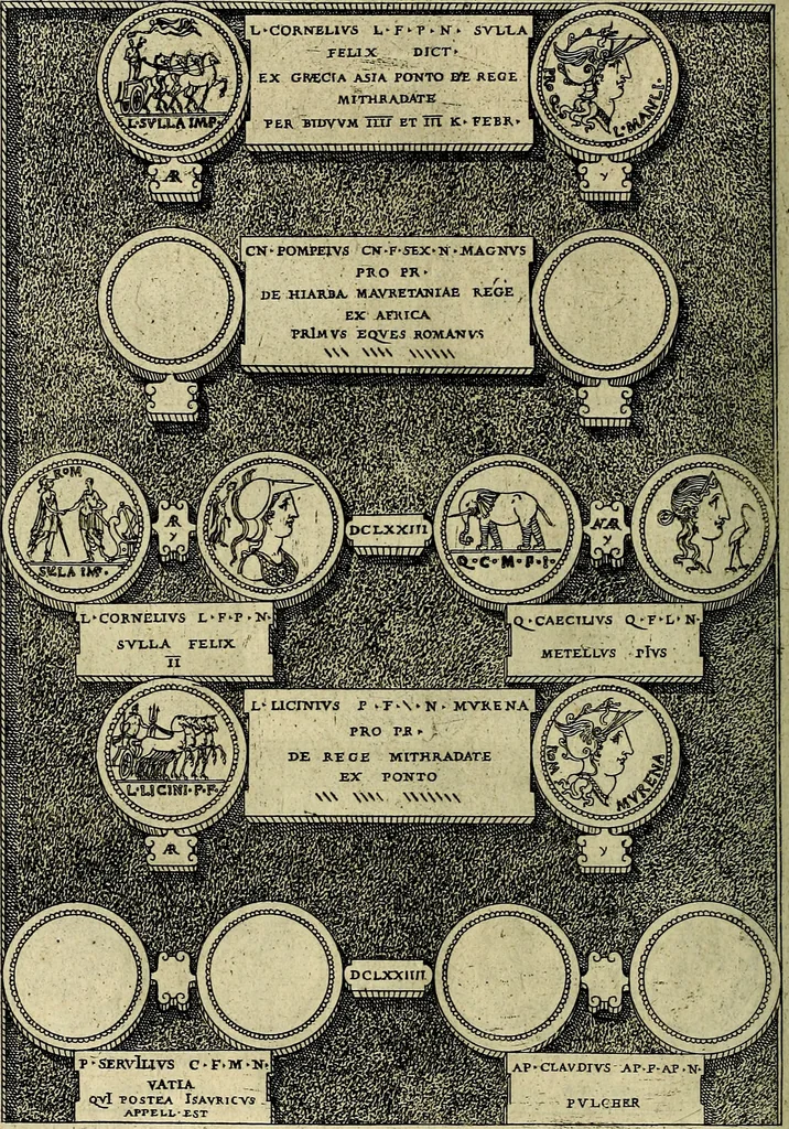 An illustration from Romanae et Graecae antiqvitatis monvmenta, e priscis nvmismatibvs, 1645, leaf 193