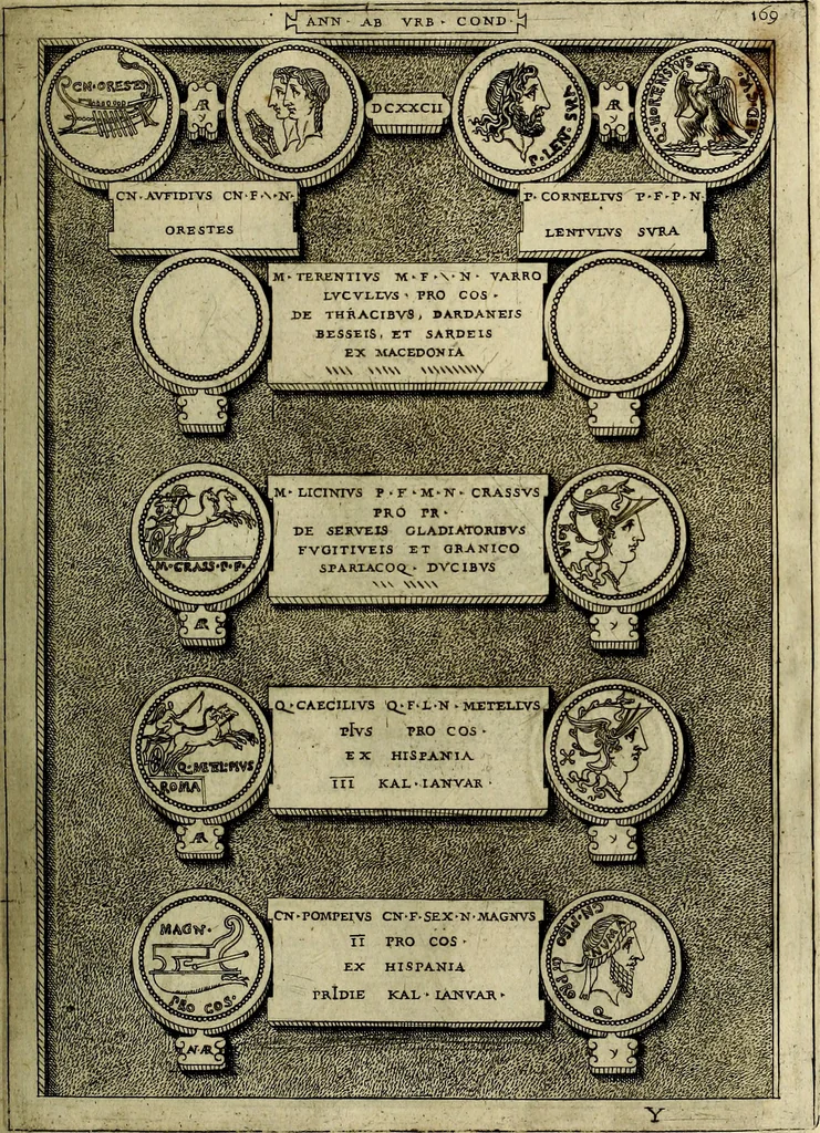 An illustration from Romanae et Graecae antiqvitatis monvmenta, e priscis nvmismatibvs, 1645, leaf 196
