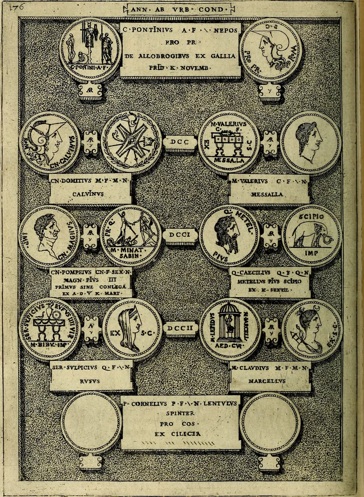 An illustration from Romanae et Graecae antiqvitatis monvmenta, e priscis nvmismatibvs, 1645, leaf 203