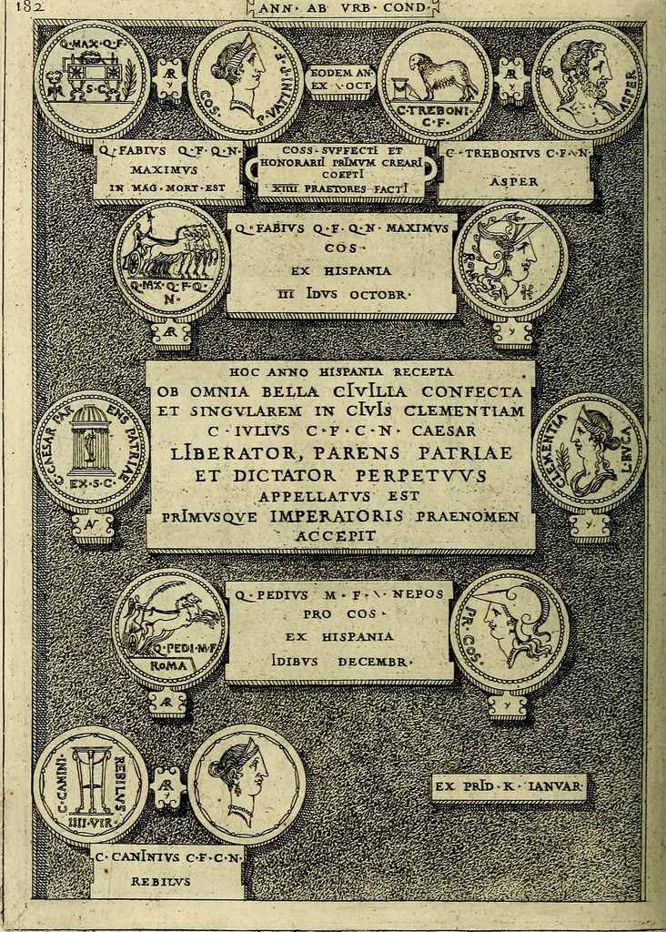 An illustration from Romanae et Graecae antiqvitatis monvmenta, e priscis nvmismatibvs, 1645, leaf 209