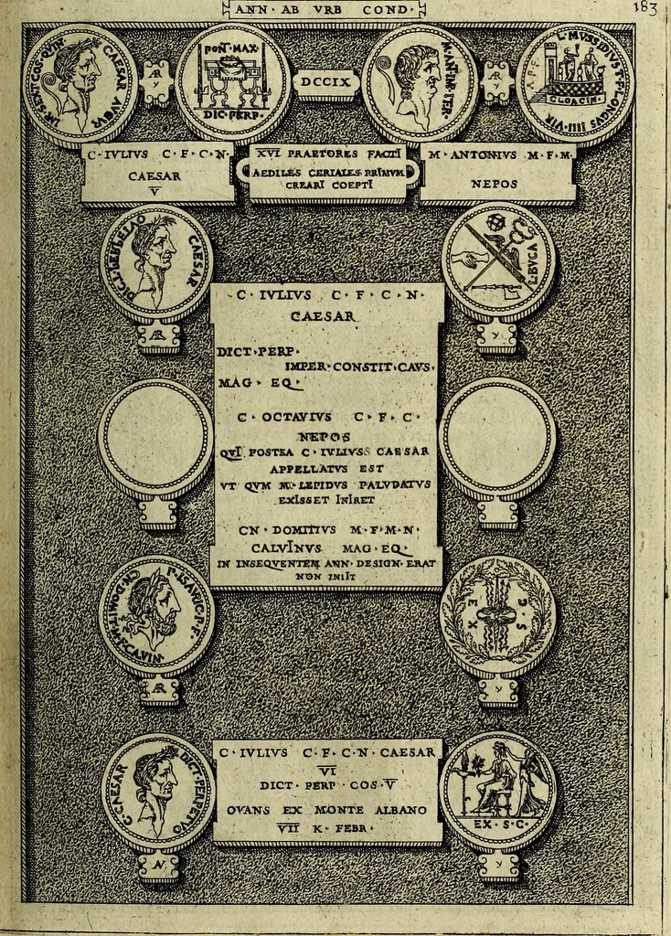 An illustration from Romanae et Graecae antiqvitatis monvmenta, e priscis nvmismatibvs, 1645, leaf 210