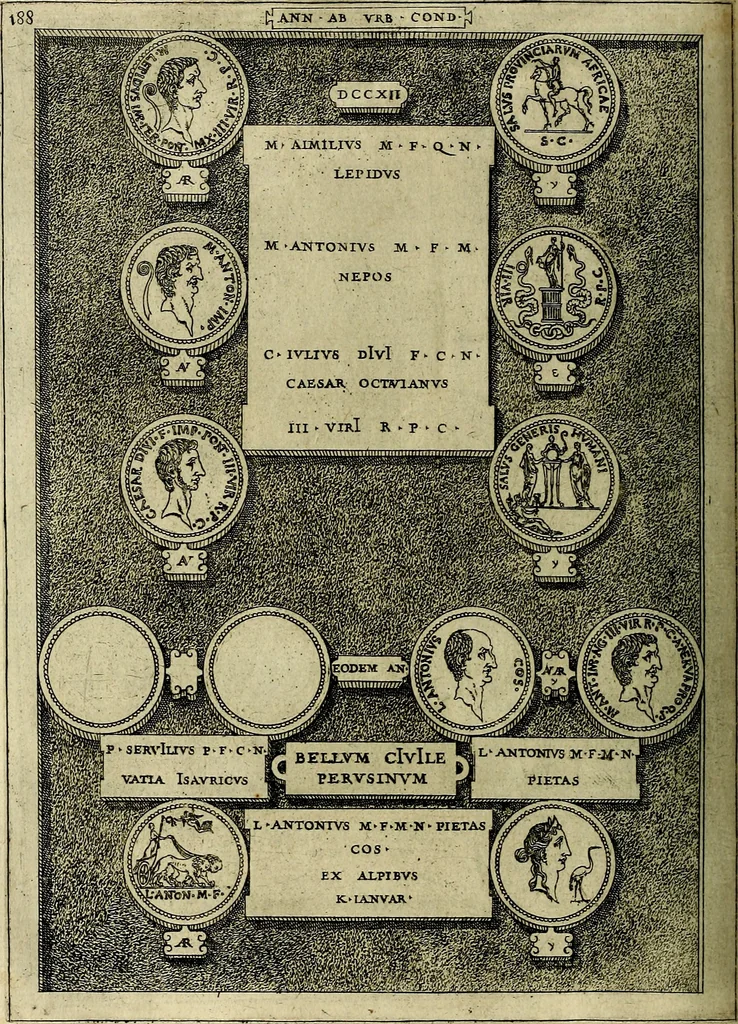 An illustration from Romanae et Graecae antiqvitatis monvmenta, e priscis nvmismatibvs, 1645, leaf 215