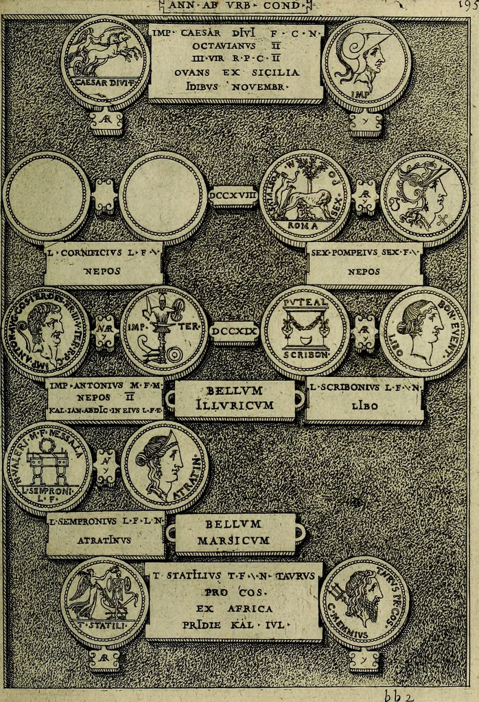 An illustration from Romanae et Graecae antiqvitatis monvmenta, e priscis nvmismatibvs, 1645, leaf 222