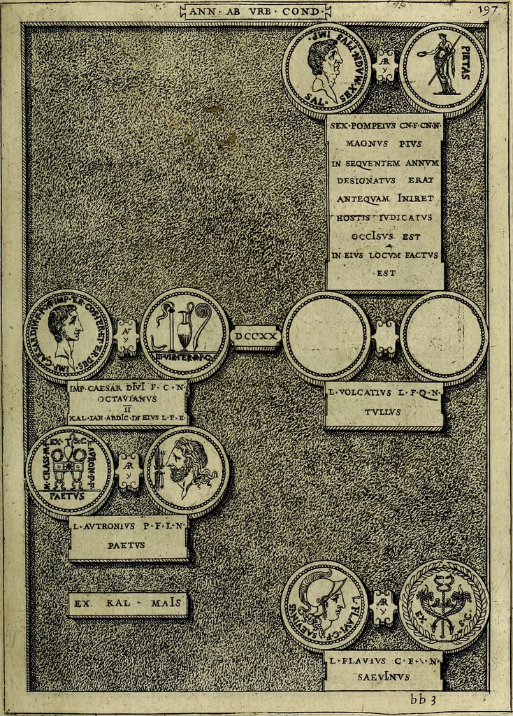 An illustration from Romanae et Graecae antiqvitatis monvmenta, e priscis nvmismatibvs, 1645, leaf 224