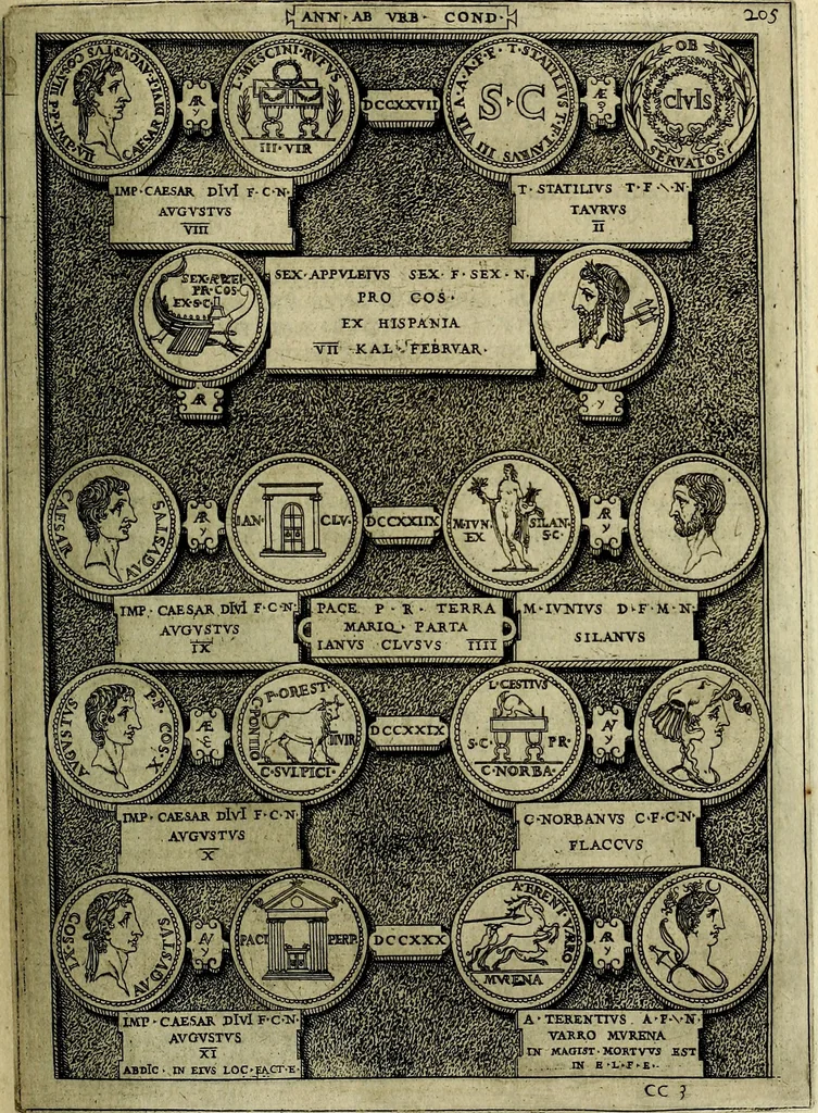 An illustration from Romanae et Graecae antiqvitatis monvmenta, e priscis nvmismatibvs, 1645, leaf 232
