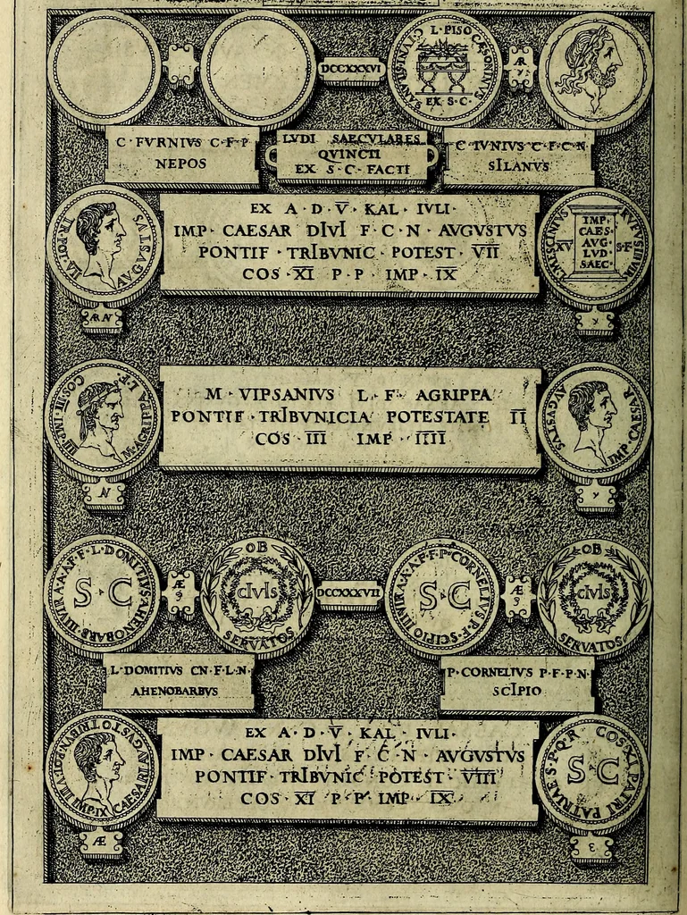 An illustration from Romanae et Graecae antiqvitatis monvmenta, e priscis nvmismatibvs, 1645, leaf 237