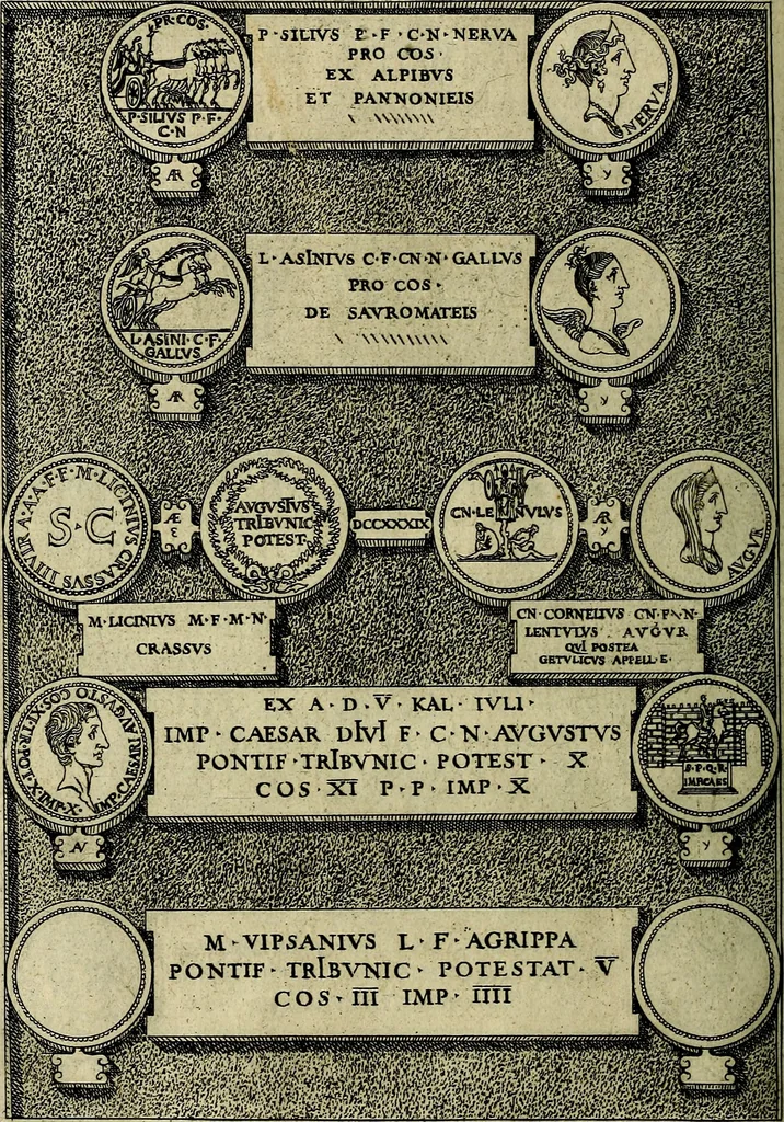 An illustration from Romanae et Graecae antiqvitatis monvmenta, e priscis nvmismatibvs, 1645, leaf 239