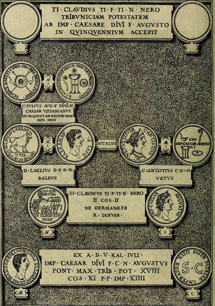 An illustration from Romanae et Graecae antiqvitatis monvmenta, e priscis nvmismatibvs, 1645, leaf 245