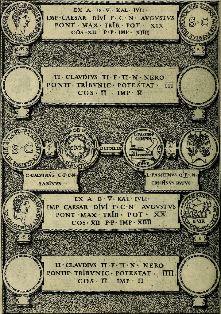 An illustration from Romanae et Graecae antiqvitatis monvmenta, e priscis nvmismatibvs, 1645, leaf 247