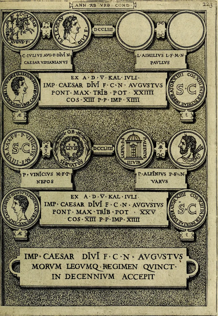 An illustration from Romanae et Graecae antiqvitatis monvmenta, e priscis nvmismatibvs, 1645, leaf 250