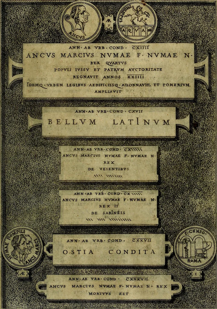 An illustration from Romanae et Graecae antiqvitatis monvmenta, e priscis nvmismatibvs, 1645, leaf 32