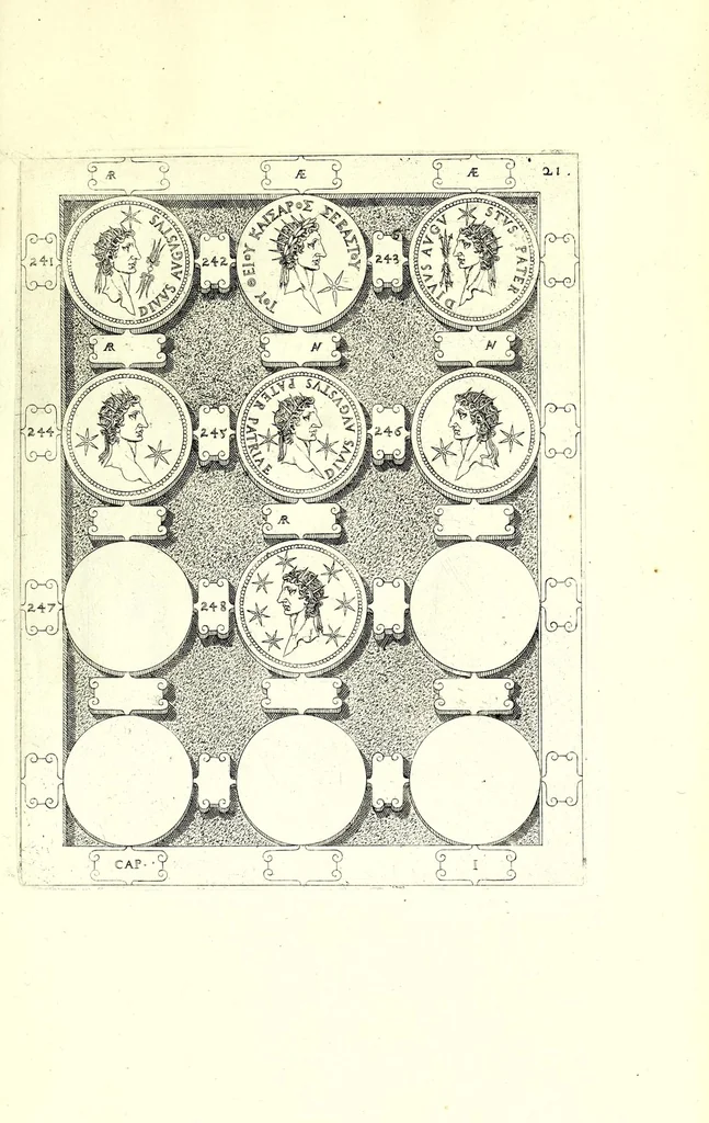 An illustration from Romanae et Graecae antiquitatis monumenta, e priscis numismatibus eruta, 1644, leaf 233