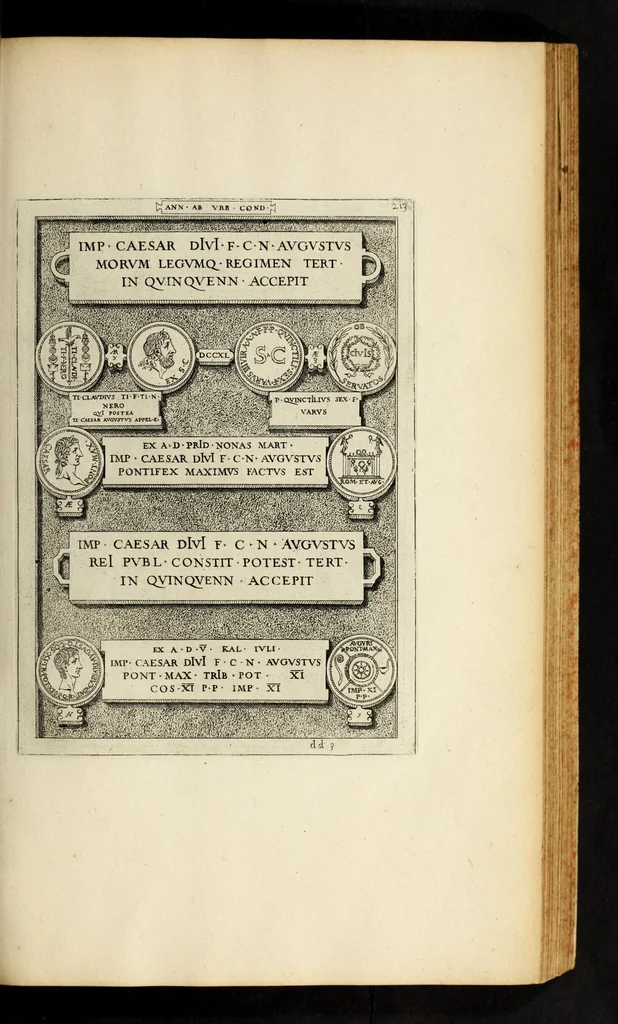 An illustration from Romanae et Graecae antiqvitatis monvmenta, e priscis nvmismatibvs, 1644, leaf 239