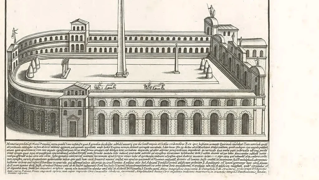 An illustration from Romanae magnitvdinis monvmenta, qvæ vrbem illam orbis dominam velvt redivivam exhibent posteritati, vetervm recentiorvmqve qvotqvot hac de re scripservnt avthoritate probata, qvibvs svffragantvr nvmismata, et mvsea principvm praesertim fragmenta marmorea Farnesiana, qvae vrbis antiqvae ichnographiam continent, restitvta et avcta cura, sumptibus ac typis Dominici de Rubeis .., 1699, leaf 191